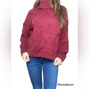 Women’s Medium Maroon/red thick polyester knitted mock neck sweater cardigan Dip